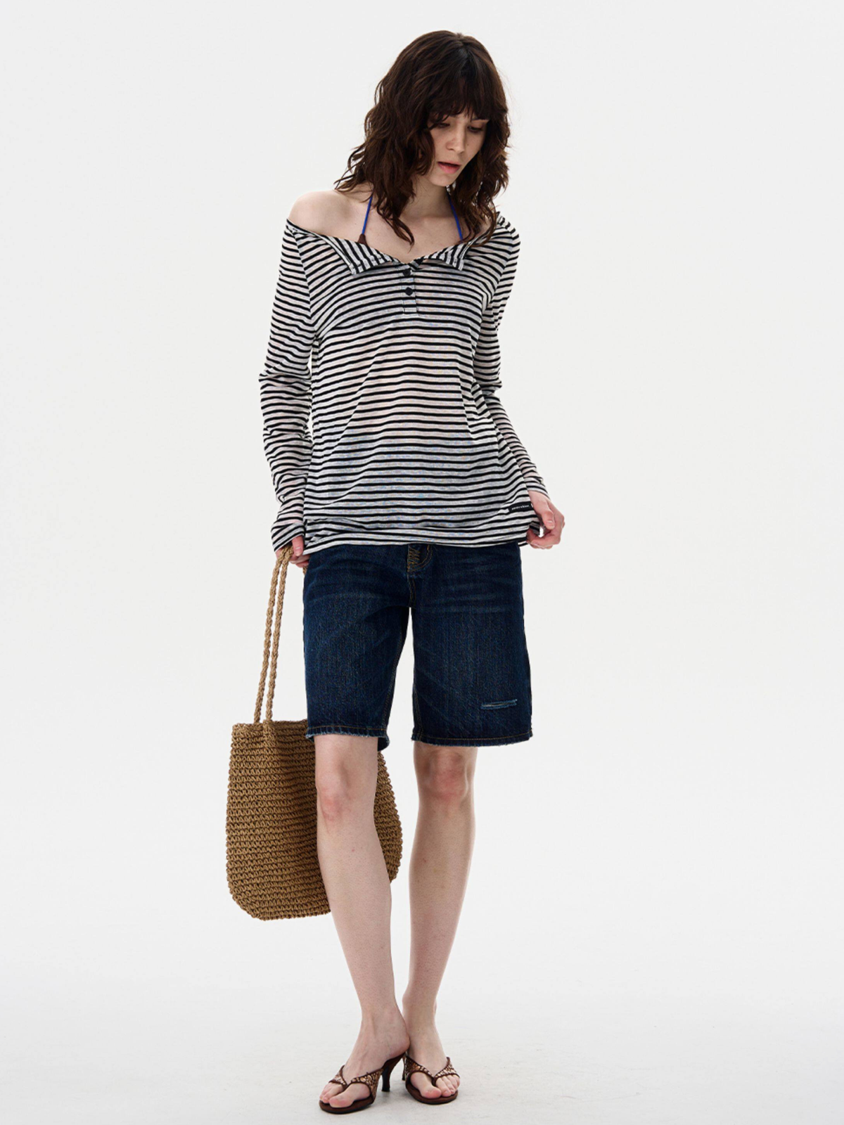 Greystorm - Women's Lightweight Striped Off-Shoulder Long Sleeve T-Shirt